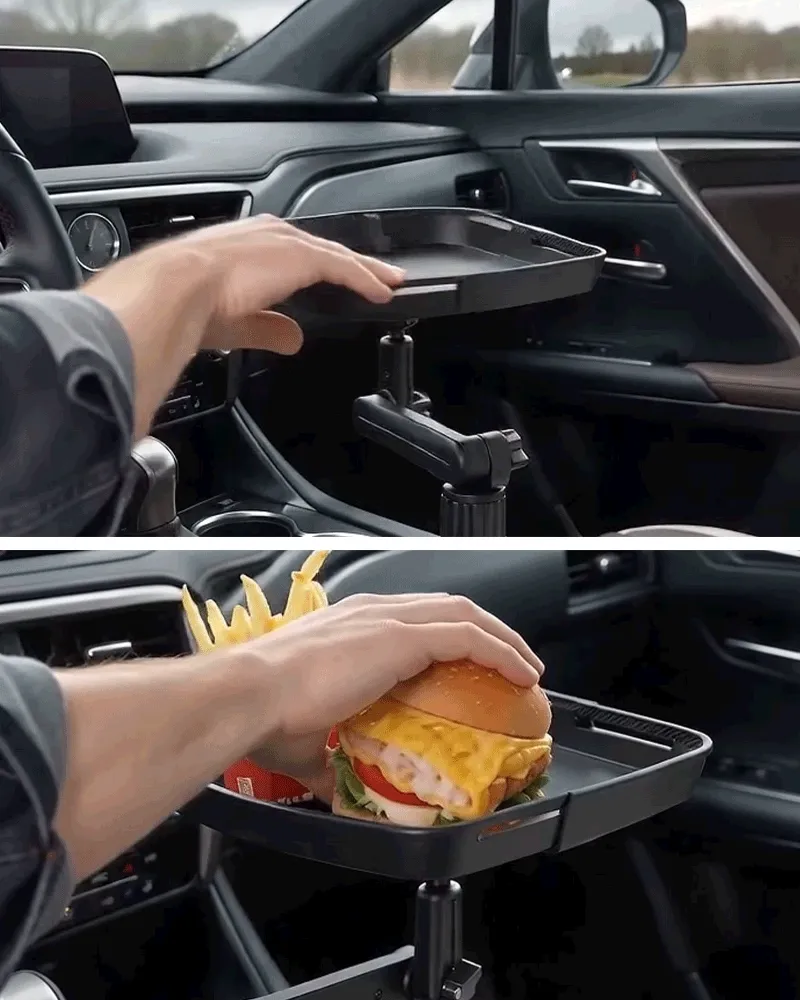 Animated demonstration of adjusting the tray and using it for a parked meal break