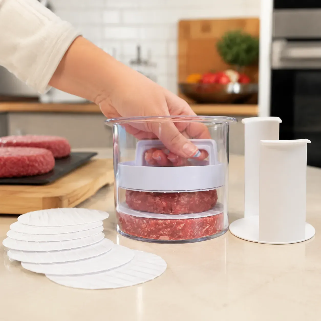Burger patty maker cleanup and compact storage