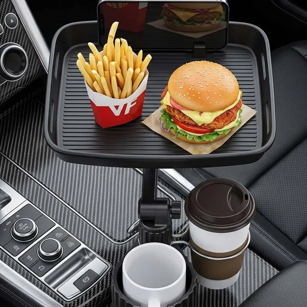 Overhead view of the tray with phone support, main cup holder and additional cup ring